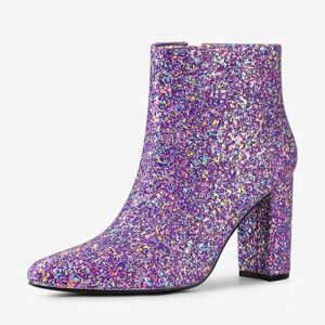 Purple Glitter Pointed Toe Chunky Heel Ankle Boots